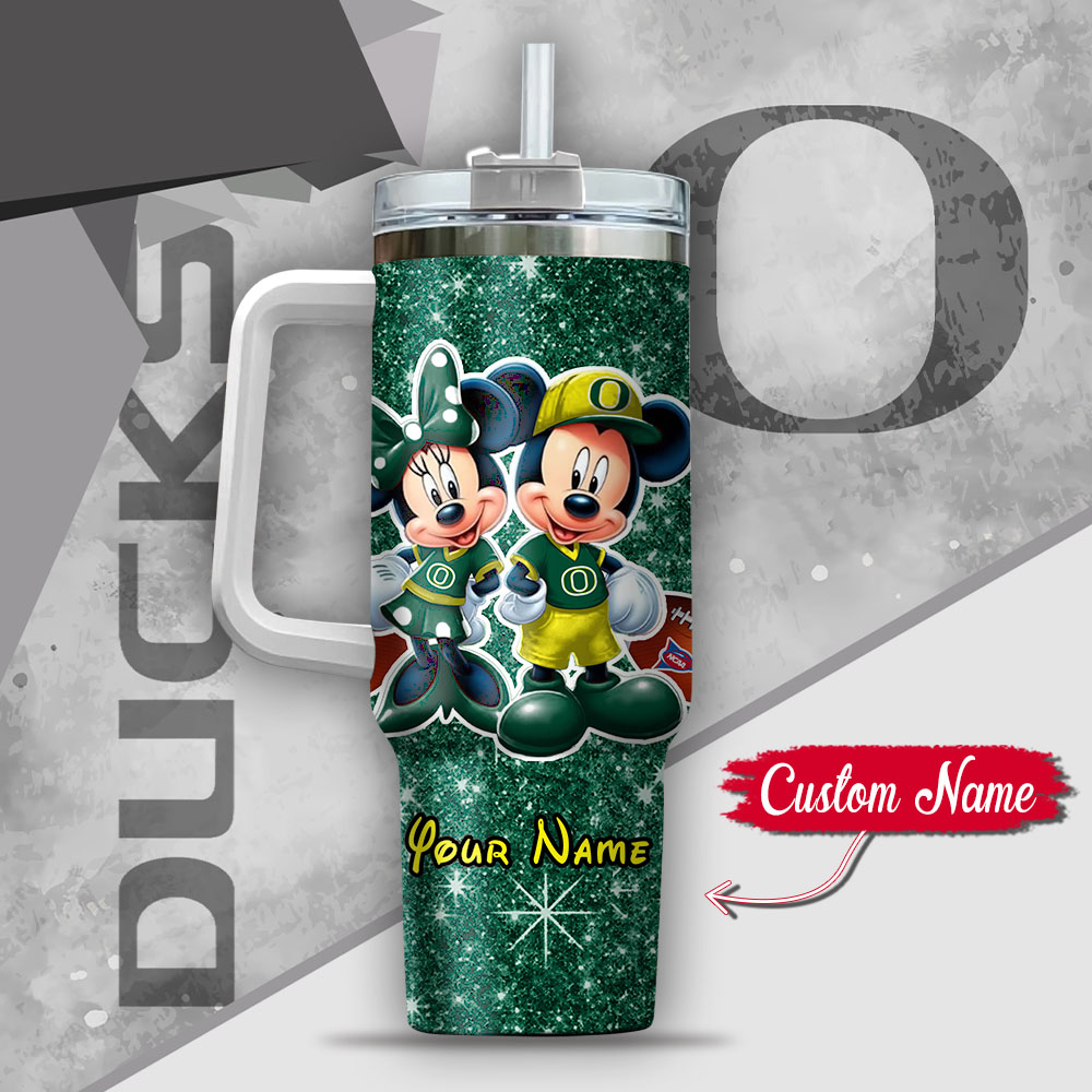 Ncaa Oregon Ducks Mickey And Minnie Couple Custom Stanley Quencher 40Oz Stainless Steel Tumbler With Handle - Image 3