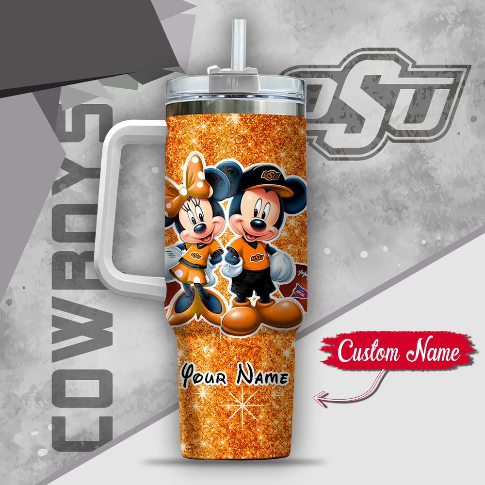 Ncaa Oklahoma State Cowboys Mickey And Minnie Couple Custom Stanley Quencher 40Oz Stainless Steel Tumbler With Handle - Image 3