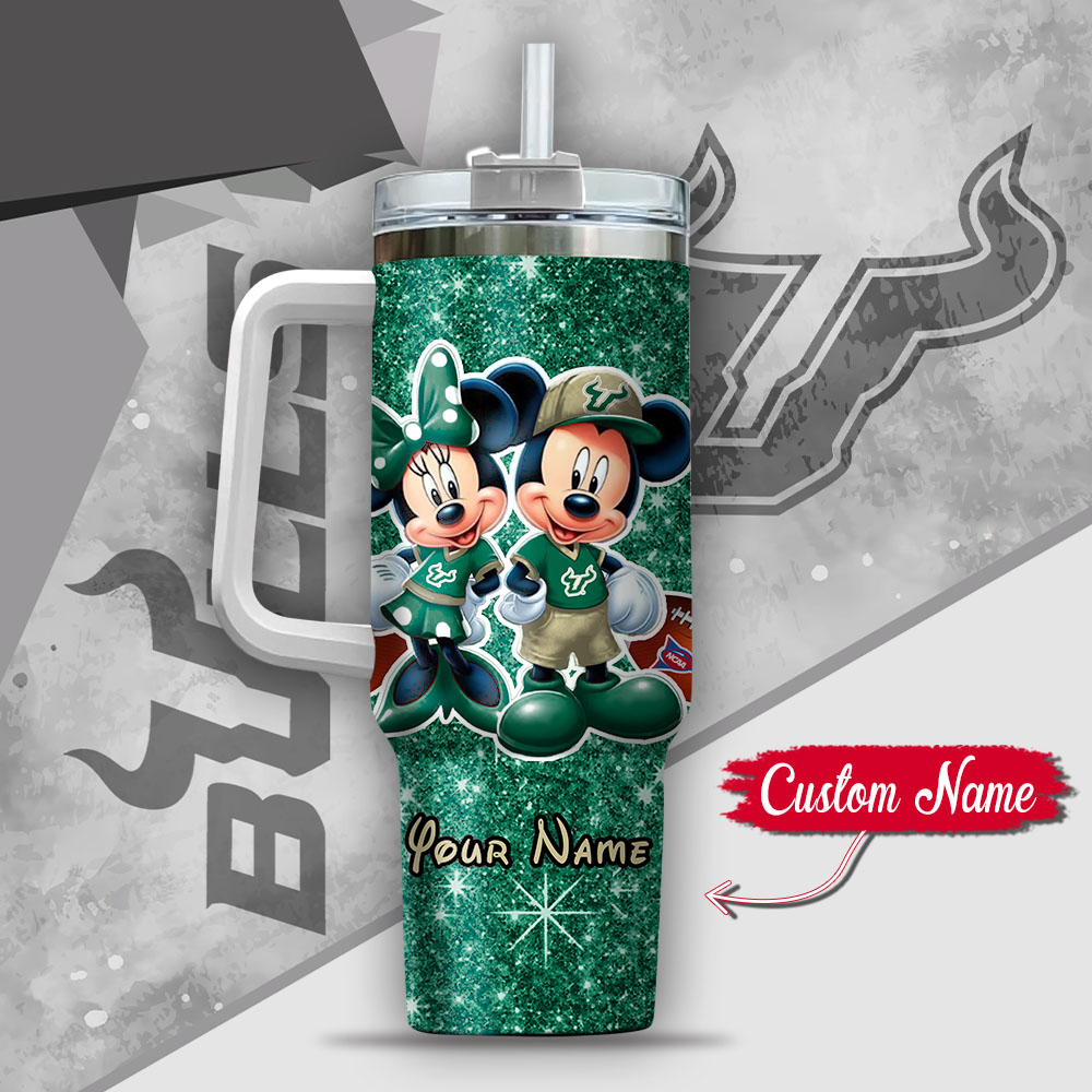Ncaa South Florida Bulls Mickey And Minnie Couple Custom Stanley Quencher 40Oz Stainless Steel Tumbler With Handle - Image 3