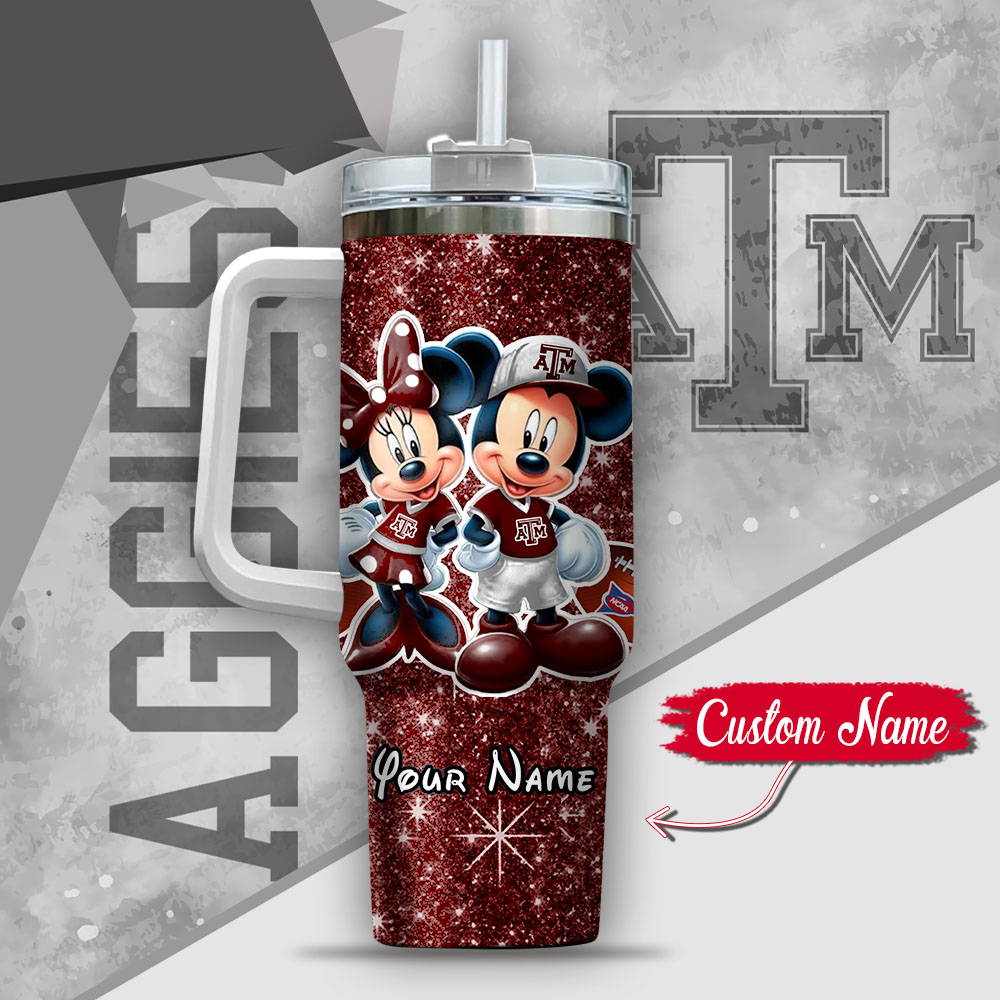 Ncaa Texas A #038;M Aggies Mickey And Minnie Couple Custom Stanley Quencher 40Oz Stainless Steel Tumbler With Handle - Image 3