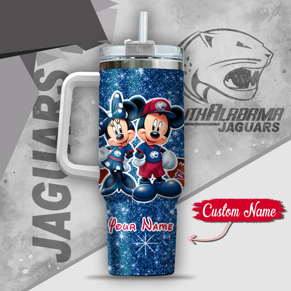 Ncaa South Alabama Jaguars Mickey And Minnie Couple Custom Stanley Quencher 40Oz Stainless Steel Tumbler With Handle - Image 3