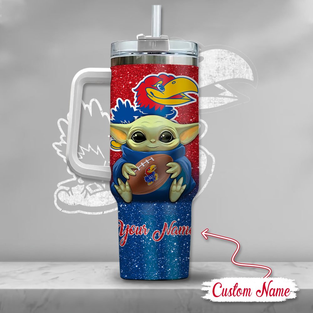 Ncaa Kansas Jayhawks Baby Yoda Custom Stanley Quencher 40Oz Stainless Steel Tumbler With Handle - Image 3