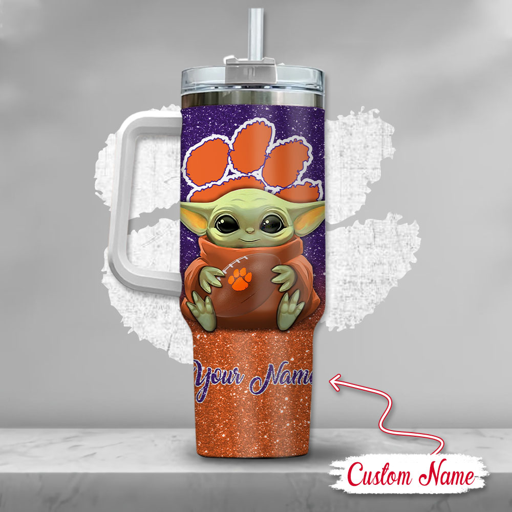 Ncaa Clemson Tigers Baby Yoda Custom Stanley Quencher 40Oz Stainless Steel Tumbler With Handle - Image 3