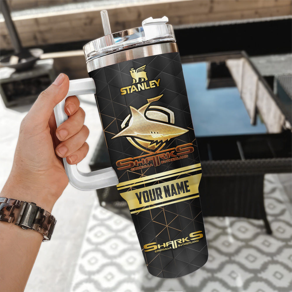 Cronulla-Sutherland Sharks Nrl Golden Logo Custom Stanley Quencher 40Oz Stainless Steel Tumbler With Handle - Image 3