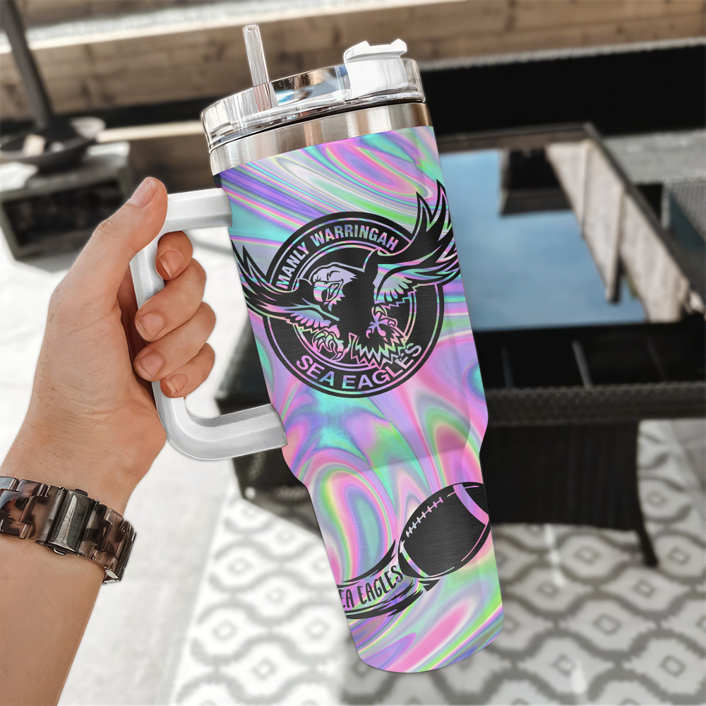 Manly Warringah Sea Eagles Nrl Hologram Effect Custom Stanley Quencher 40Oz Stainless Steel Tumbler With Handle - Image 3