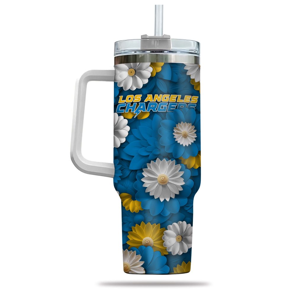 Los Angeles Chargers Nfl Flowers Custom Stanley Quencher 40Oz Stainless Steel Tumbler With Handle - Image 3