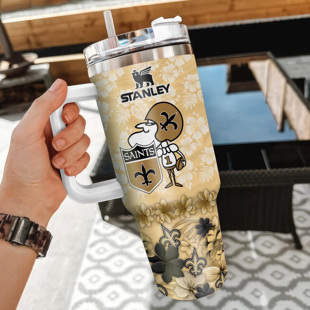 New Orleans Saints Nfl Tropical Floral Custom Stanley Quencher 40Oz Stainless Steel - Image 3