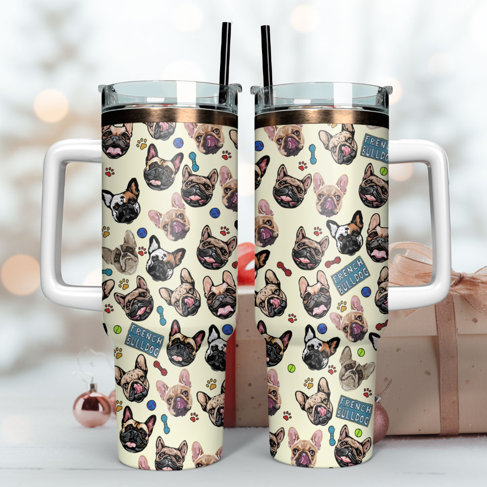 French Bull Dog Artwork Custom Stanley Quencher 40Oz Stainless Steel Tumbler With Handle - Image 3