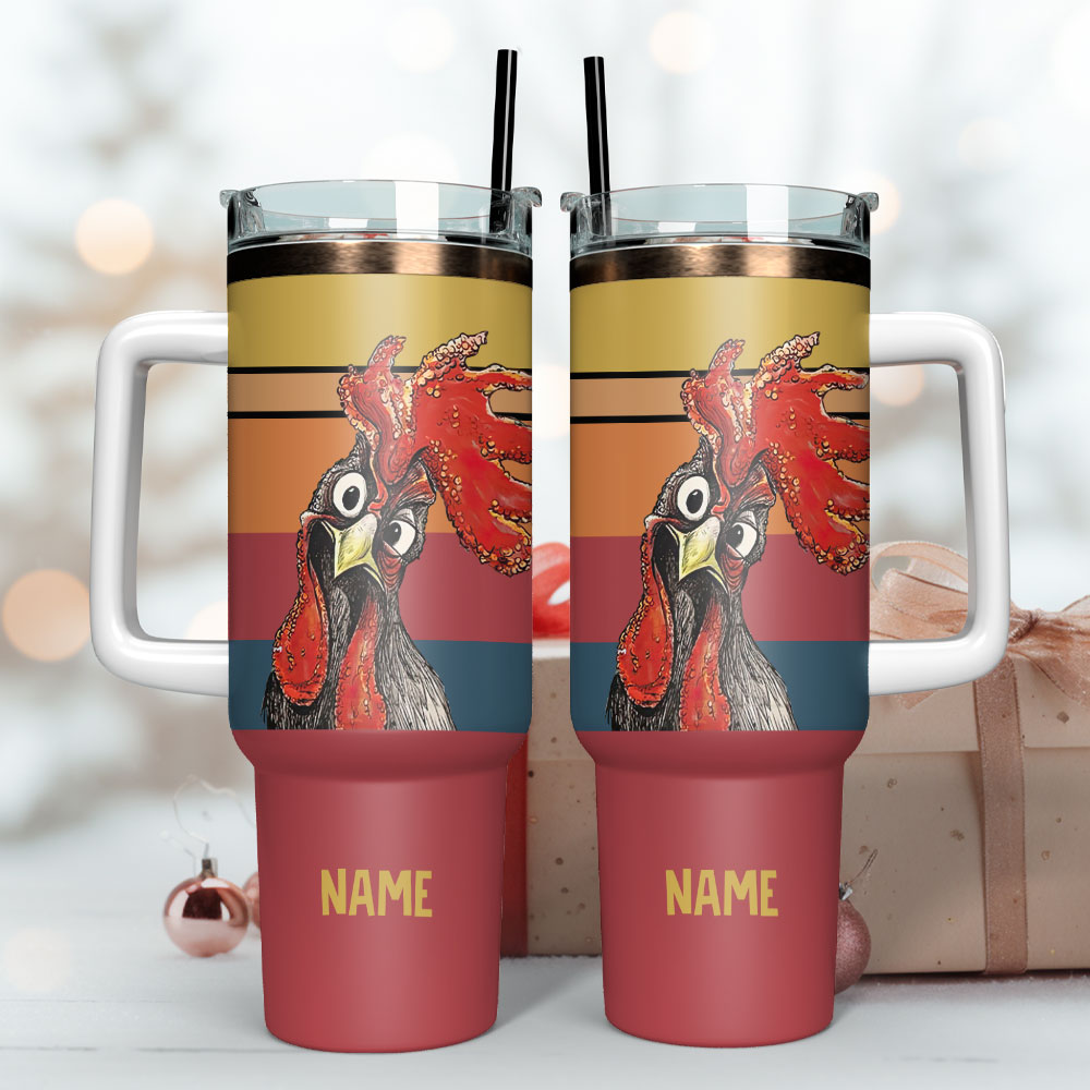 Cute Chicken Rooster Artwork Custom Stanley Quencher 40Oz Stainless Steel Tumbler With Handle - Image 3