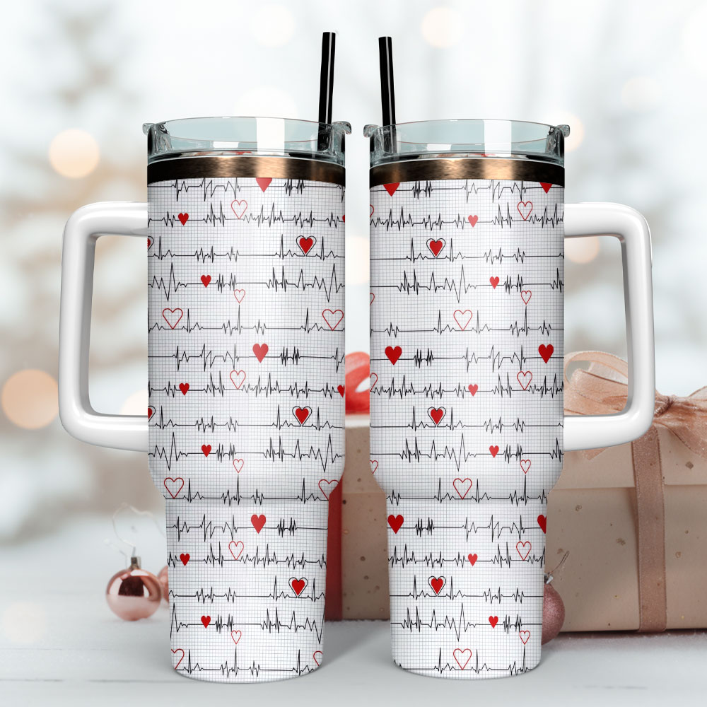 Love Heartbeat Pattern Artwork Custom Stanley Quencher 40Oz Stainless Steel Tumbler With Handle - Image 3