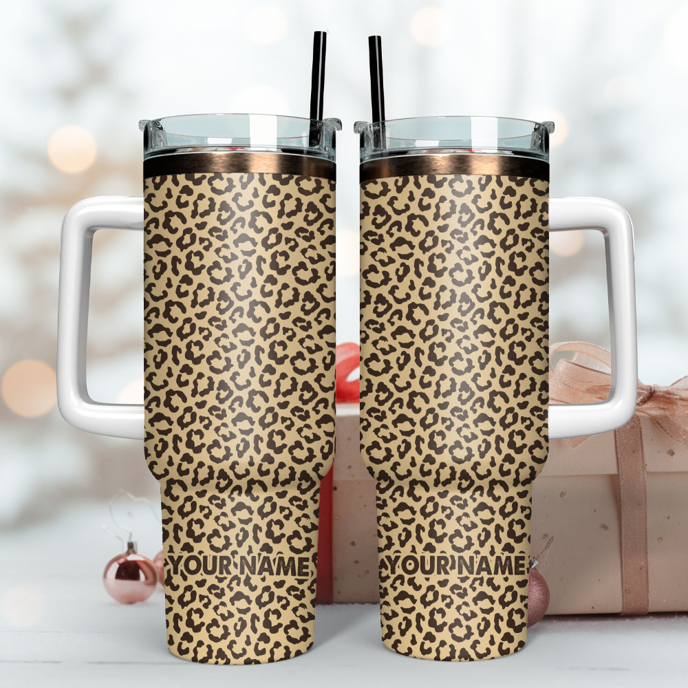 Leopard Artwork Custom Stanley Quencher 40Oz Stainless Steel Tumbler With Handle - Image 3