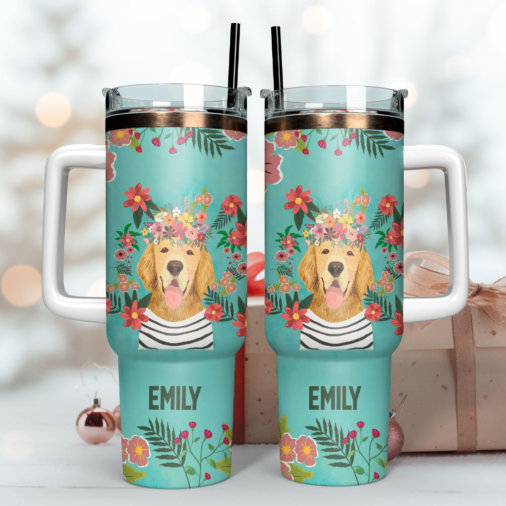 Dog And Flowers Custom Stanley Quencher 40Oz Stainless Steel Tumbler With Handle - Image 3