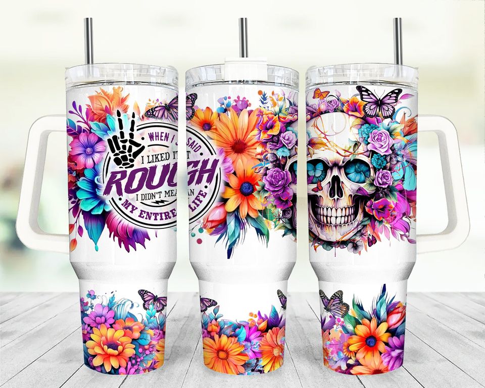 Floral Skull Custom Stanley Quencher 40Oz Stainless Steel Tumbler - Image 3