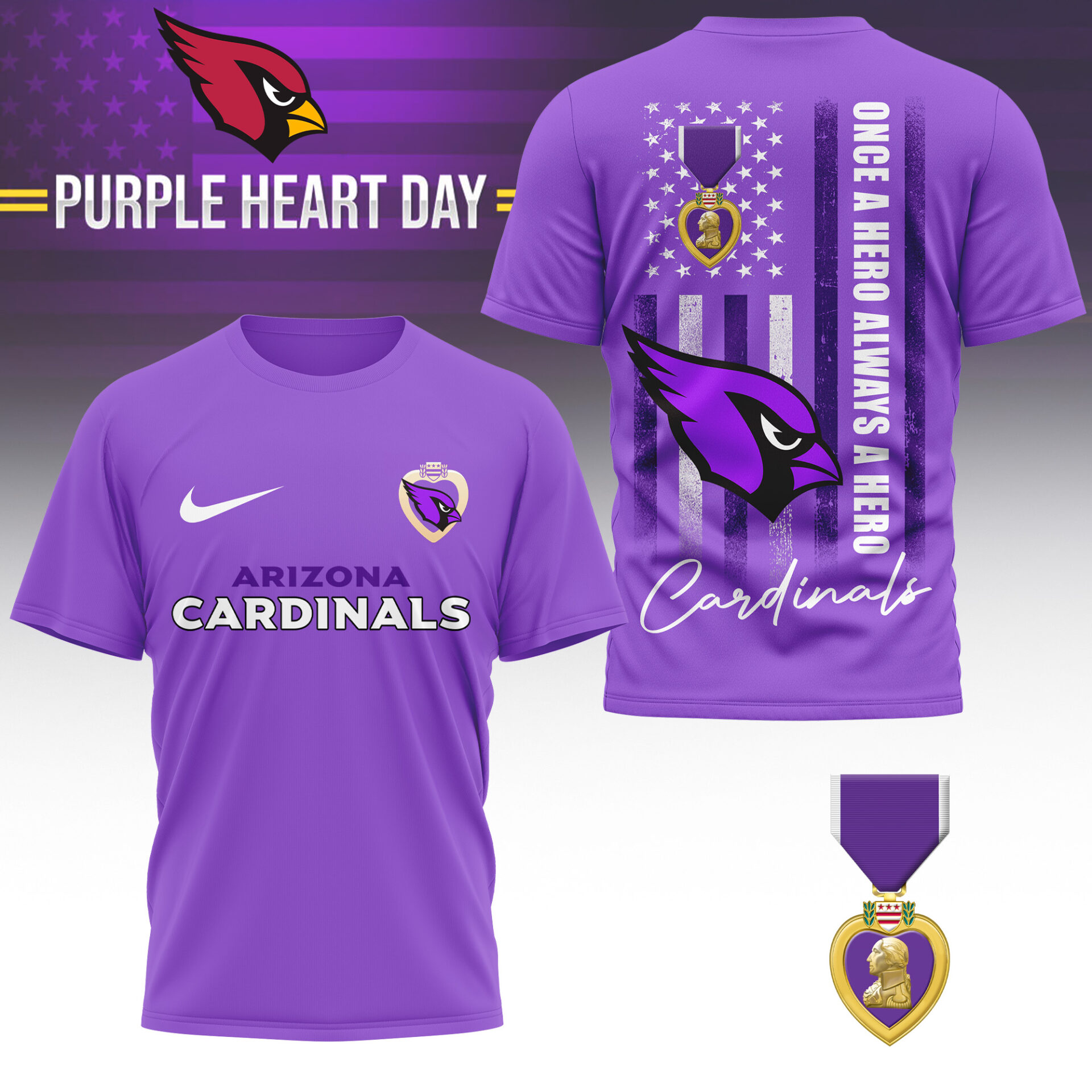 Arizona Cardinalspremium NFL Premium National Purple Heart Day 3D Shirt
