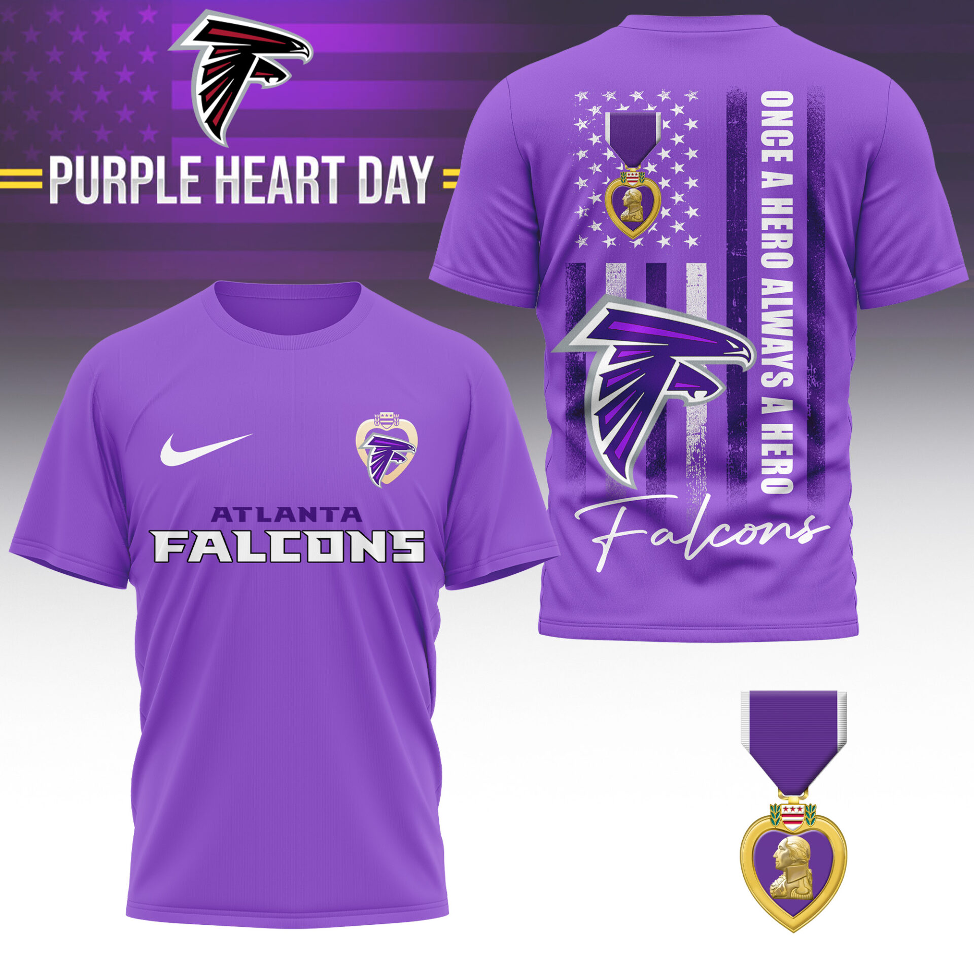 Atlanta Falconspremium NFL Premium National Purple Heart Day 3D Shirt