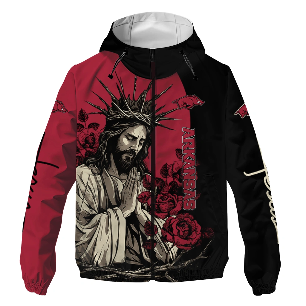 Arkansas Razorbacks Jesus Roses Red Black Windbreaker Jacket