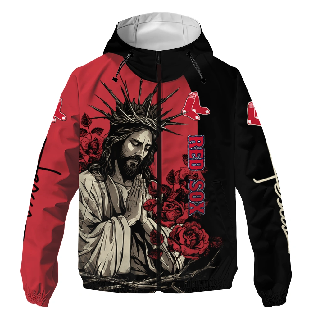 Boston Red Sox Jesus Roses Red Black Windbreaker Jacket