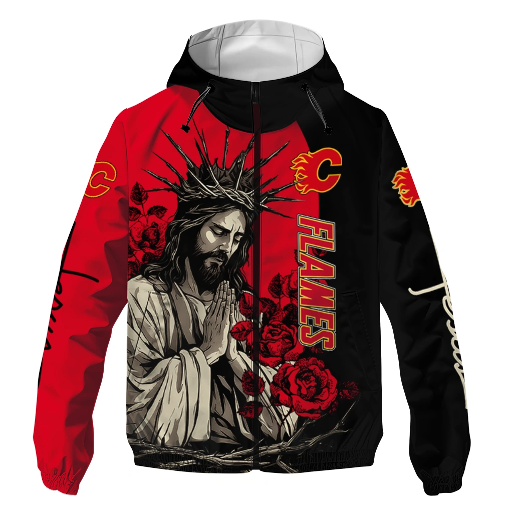 Calgary Flames Jesus Roses Red Black Windbreaker Jacket