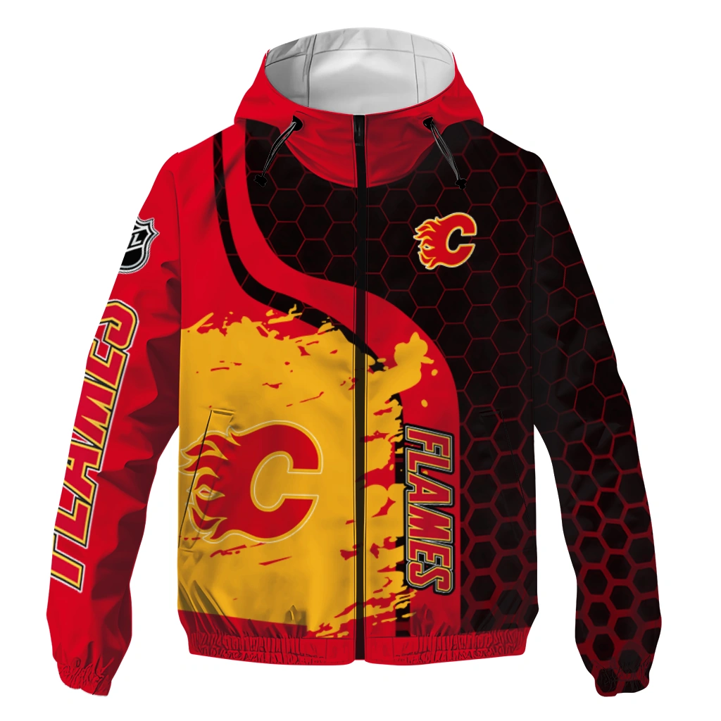 Calgary Flames Hex Grid Texture Red Black Windbreaker Jacket