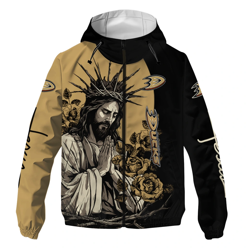 Anaheim Ducks Jesus Roses Gold Black Windbreaker Jacket