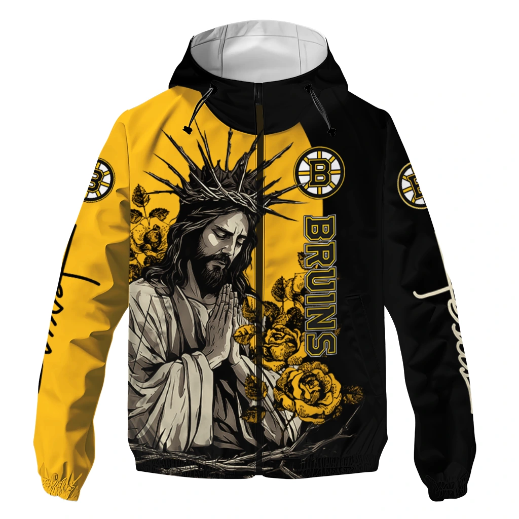 Boston Bruins Jesus Roses Gold Black Windbreaker Jacket