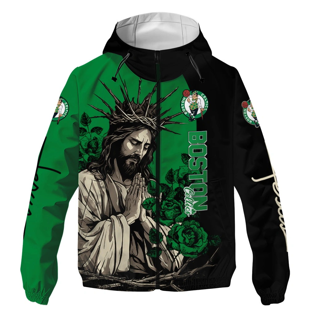 Boston Celtics Jesus Roses Green Black Windbreaker Jacket