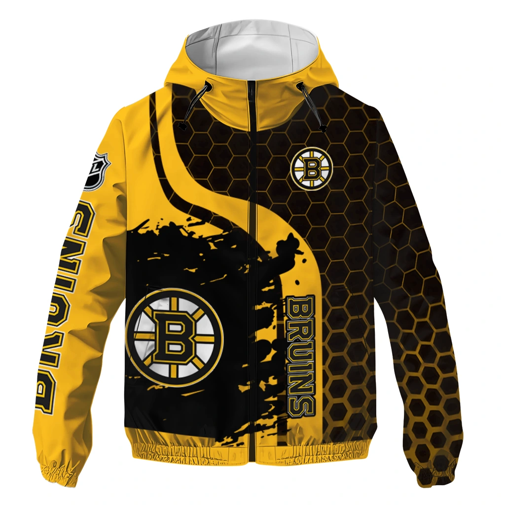 Boston Bruins Hex Grid Texture Gold Black Windbreaker Jacket