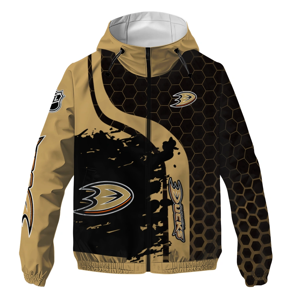 Anaheim Ducks Hex Grid Texture Gold Black Windbreaker Jacket