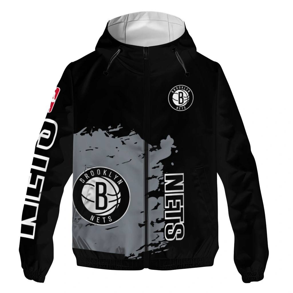 Brooklyn Nets Grid Stripe Black Windbreaker Jacket