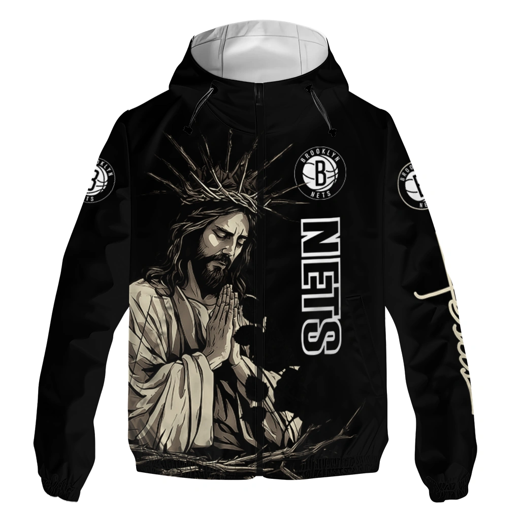 Brooklyn Nets Jesus Roses Black Windbreaker Jacket
