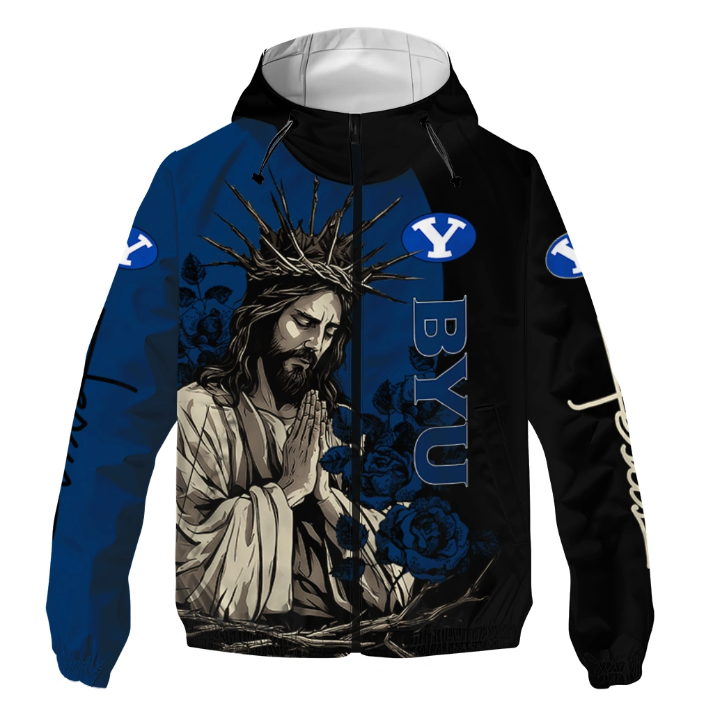 Byu Cougars Jesus Roses Blue Black Windbreaker Jacket