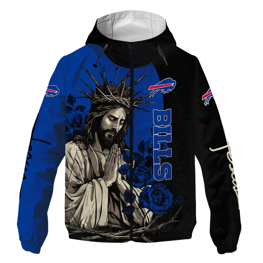 Buffalo Bills Jesus Roses Blue Black Windbreaker Jacket