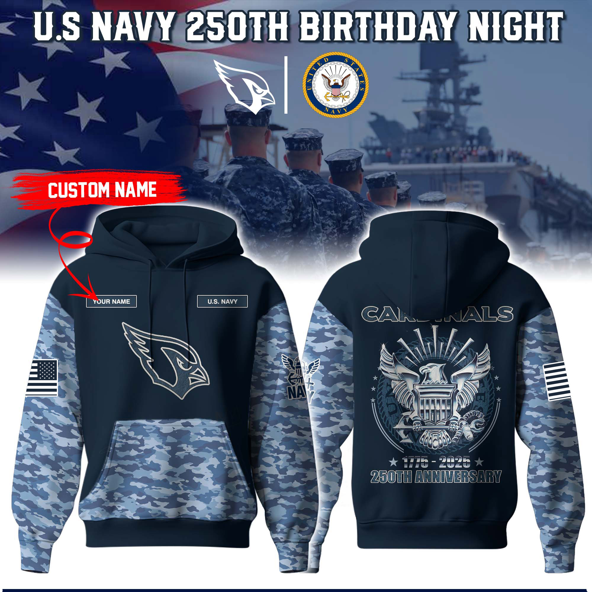 Arizona Cardinals  X U.S Navy 250Th Birthday Night Hoodie Limited Editon
