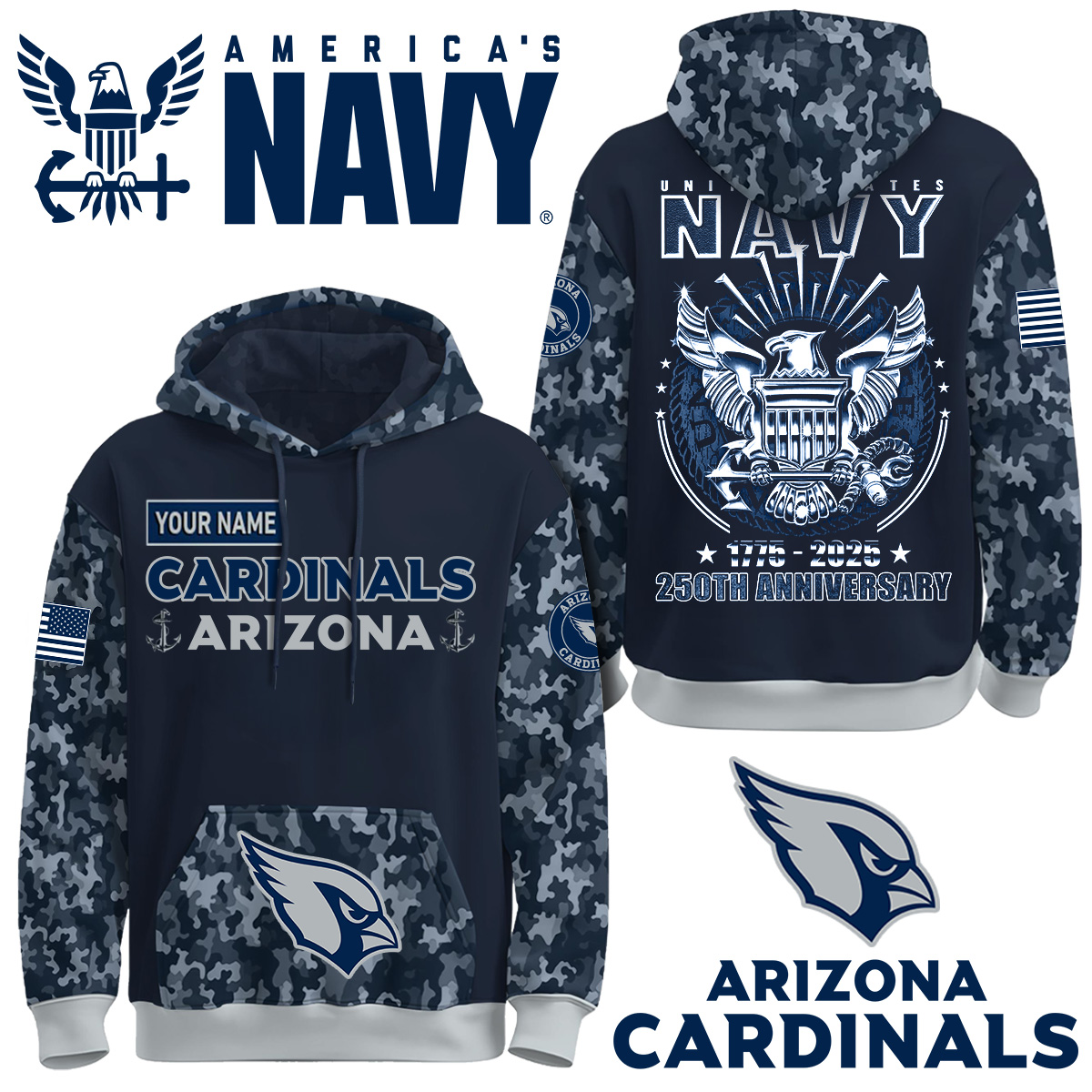 Arizona Cardinals X U.S. Navy 250Th Anniversary Hoodie Limited Edition 2025 Custom