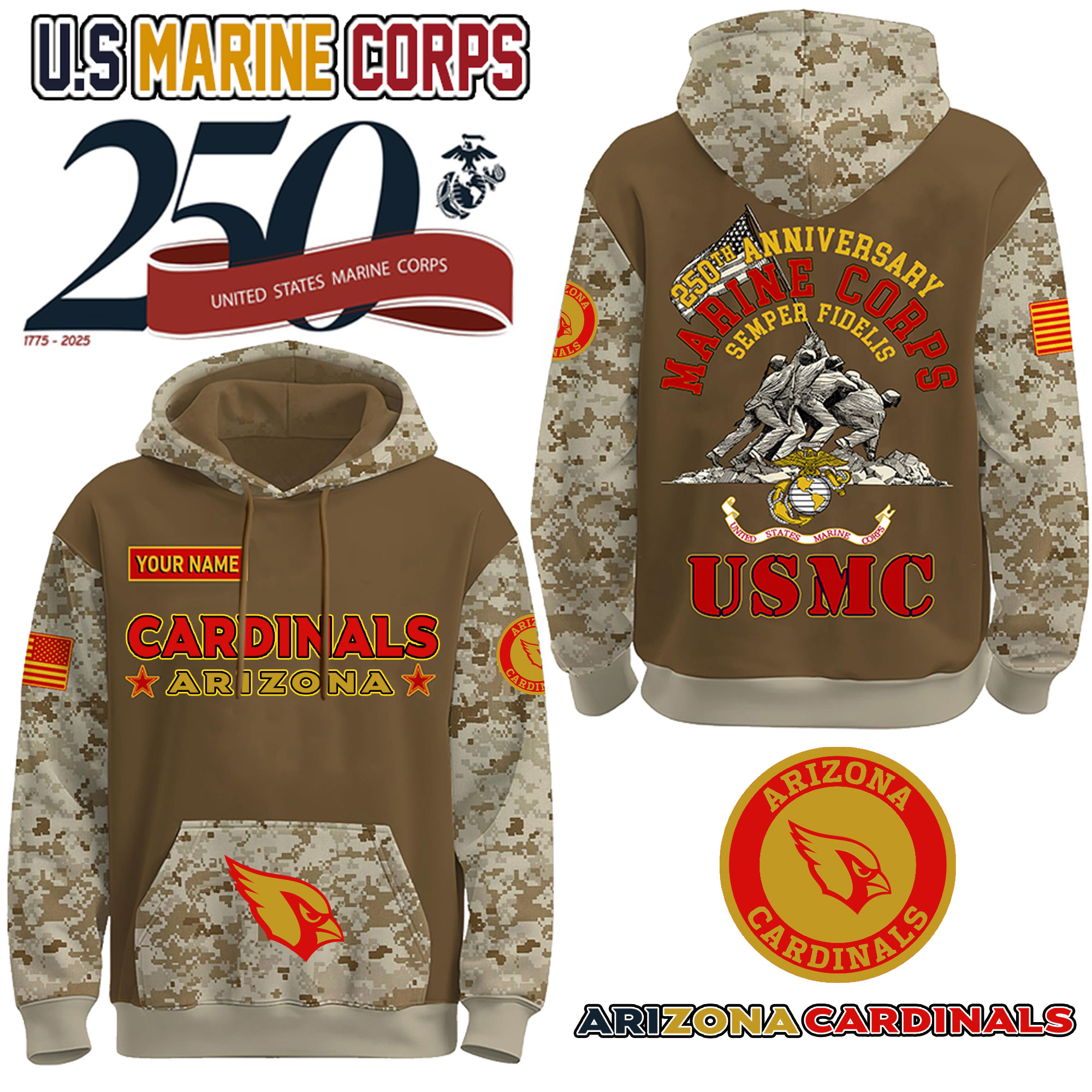 Arizona Cardinals X U.S. Marine Corps 250Th Anniversary Hoodie Limited Edition Custom