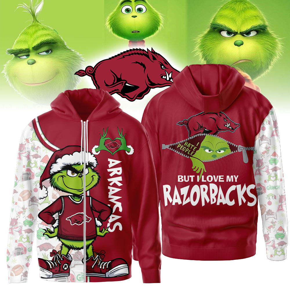 Arkansas Razorbacks NCAA Funny Grinch Football All Over Print Zip Hoodie