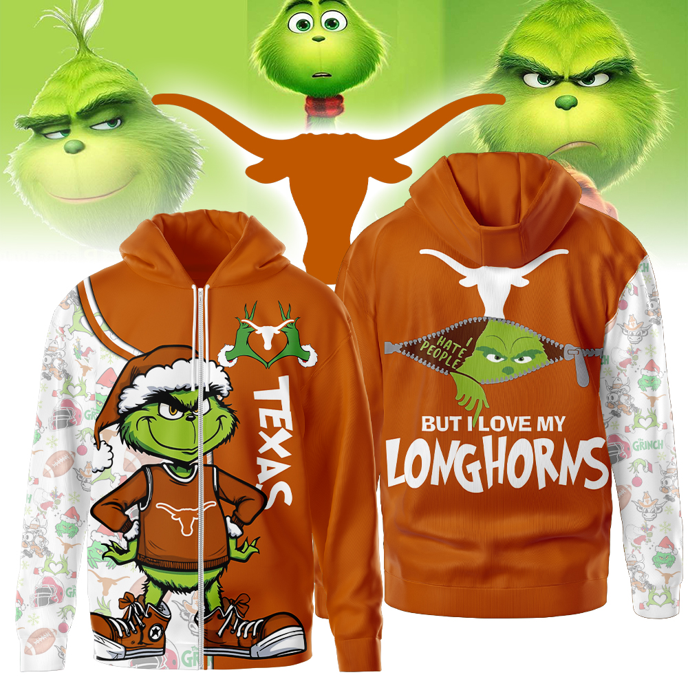 Texas Longhorns NCAA Funny Grinch Football All Over Print Zip Hoodie