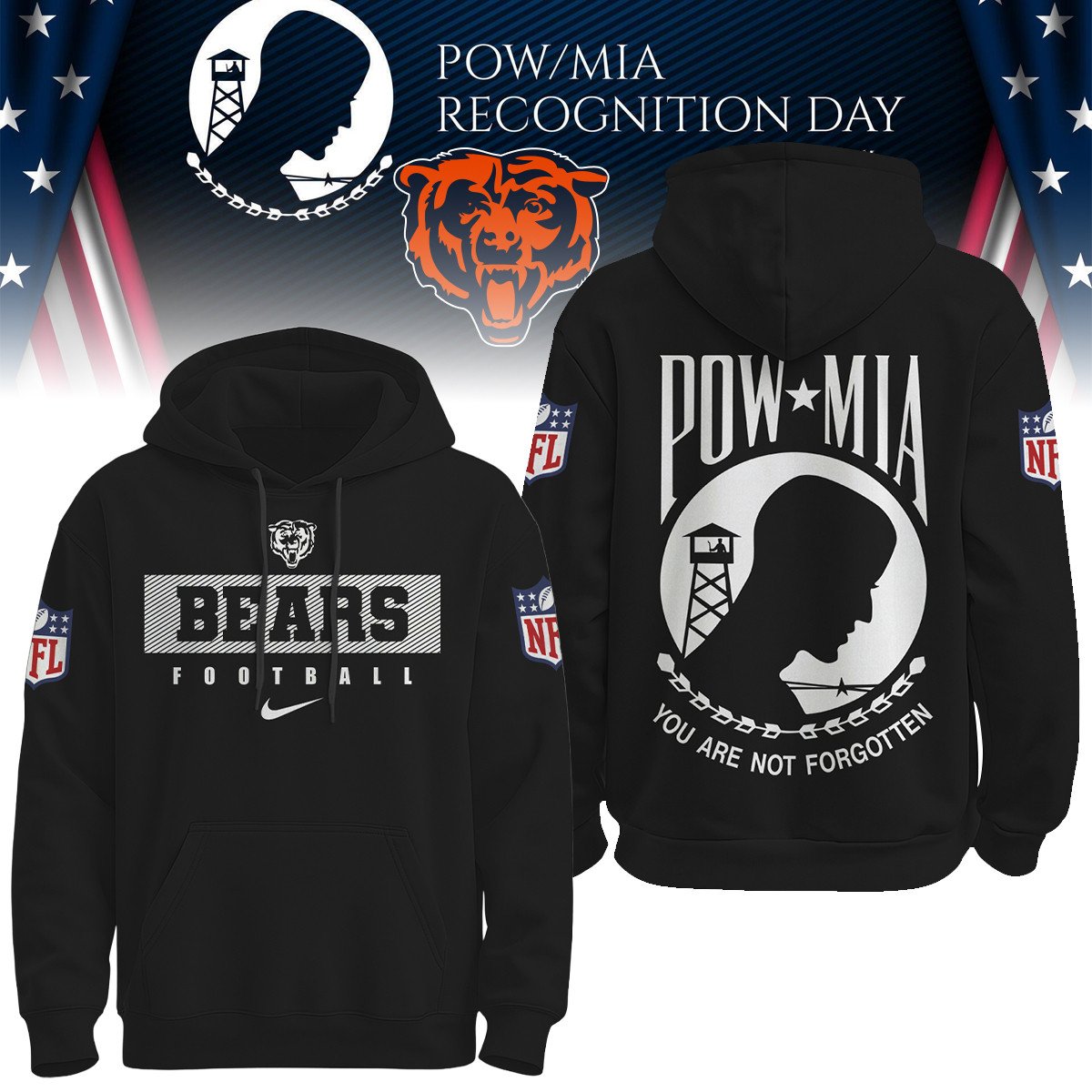 Chicago Bears  Premium NFL Pow Mia Hoodie For Women