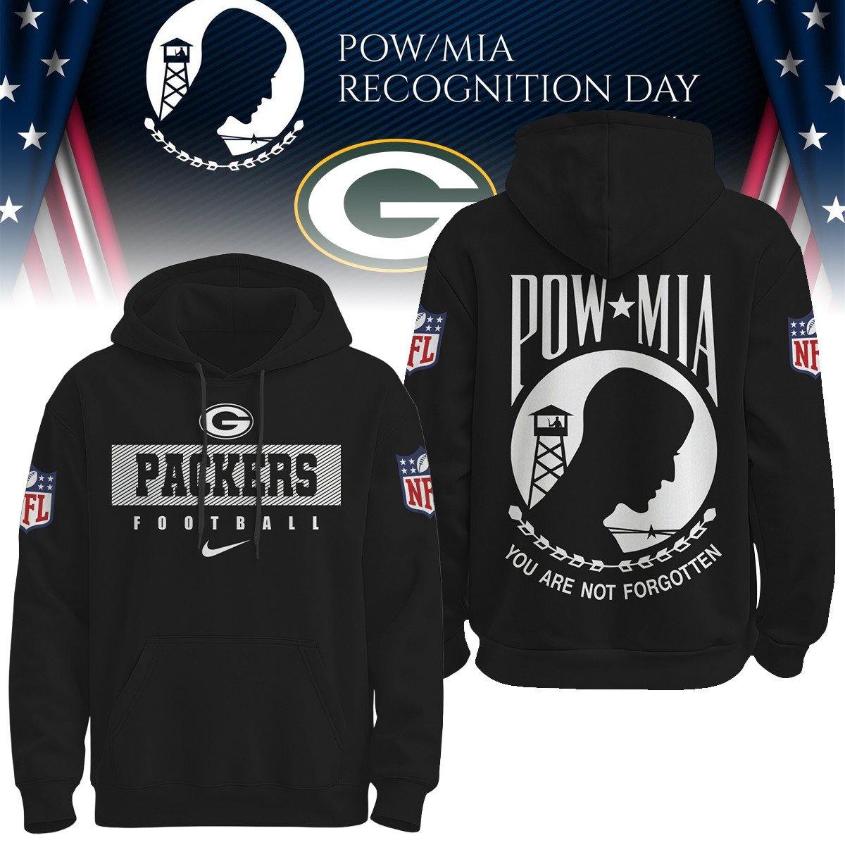 Green Bay Packers  Premium NFL Pow Mia Hoodie For Women