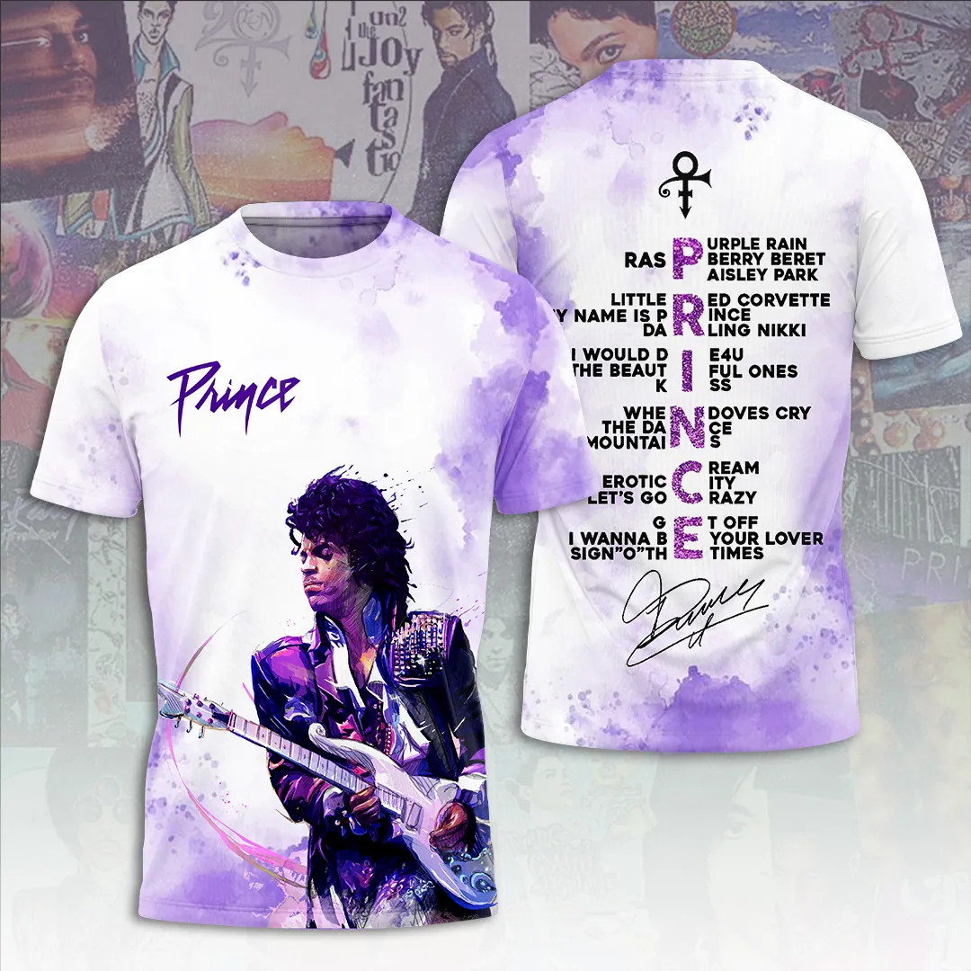 Prince Guitar Live White & Purple Tour Shirt Concert Song List Edition