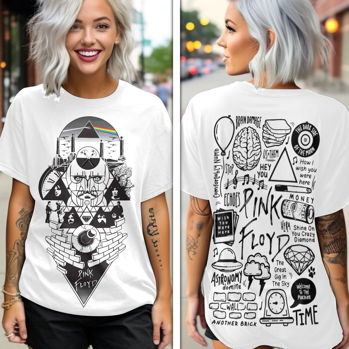 Pink Floyd Black White Sketch Tee  Artistic Line Style