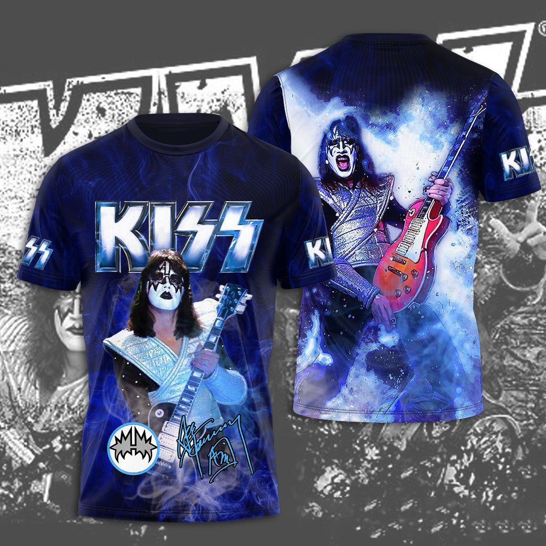 Kiss Ace Frehley MenS 3D T-Shirt Blue Guitar
