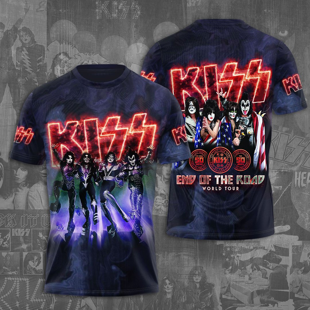 Kiss End Of The Road MenS 3D T-Shirt Blue Neon Stage
