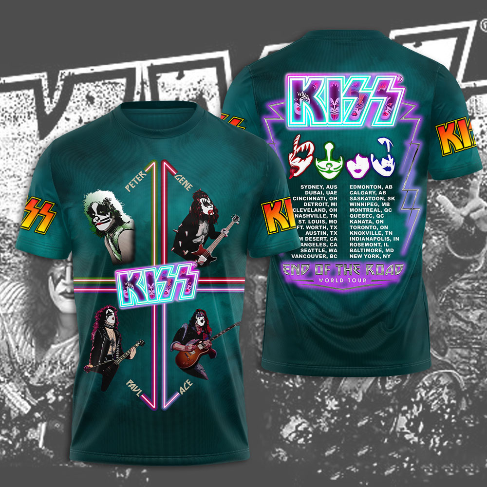 Kiss Teal Neon Line Art Tee Retro Tour Legacy Edition