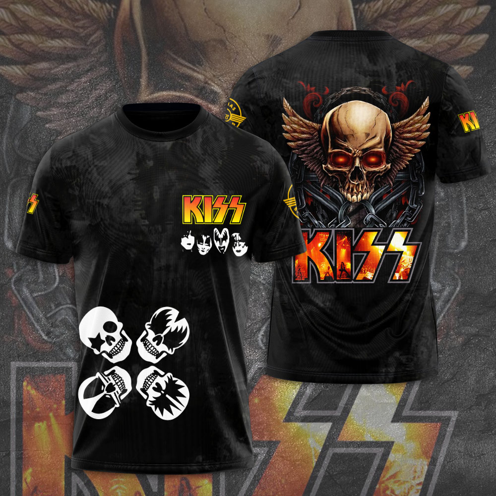 Kiss Skull Wings Graphic T-Shirt Red Fire Rock Edition