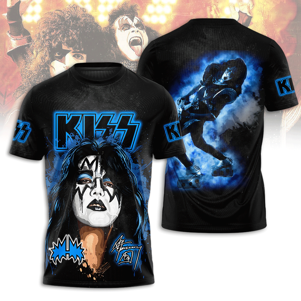 Kiss Ace Frehley Cosmic Guitar Tee Blue Lightning Stage Art