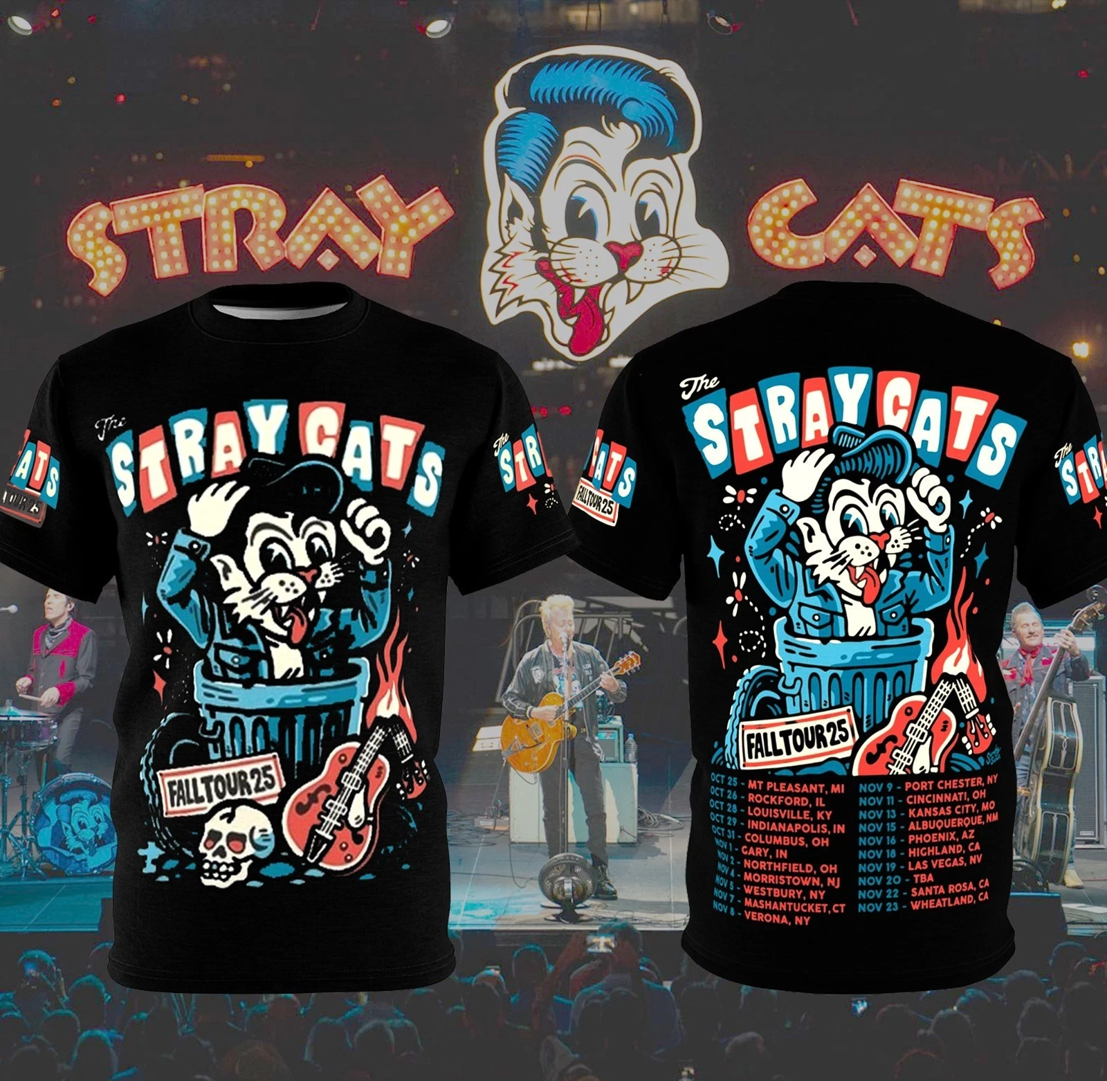 The Stray Cats Fall Tour 2025 3D T Shirt Full Size S-5Xl