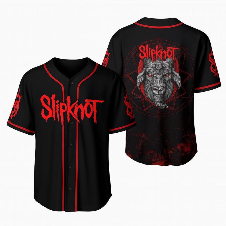 Official Slipknot Baseball Jersey  Black & Red Button-Up Heavy Metal Band Tee