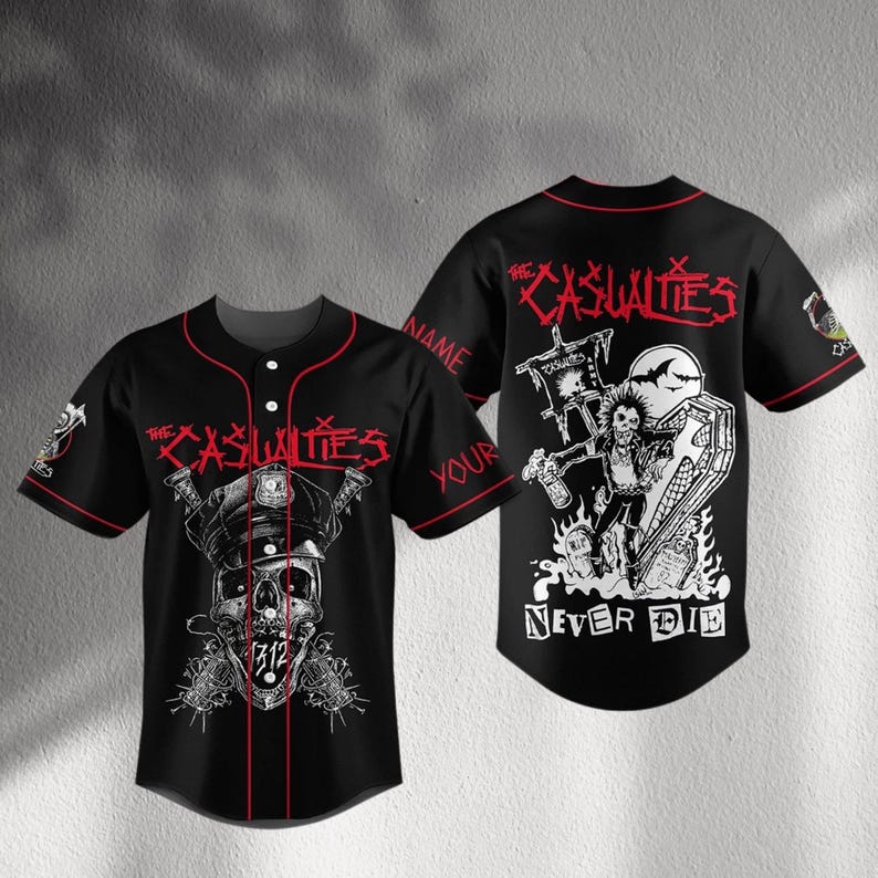 Punk Skull Baseball Jersey: Custom Sleeves, "Never Die" Art