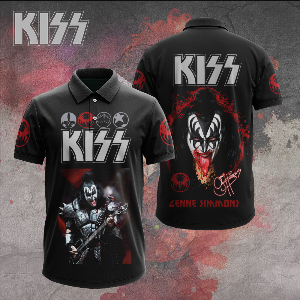 Kiss Gene Simmons Demon Graphic Polo Shirt Black Fire Style